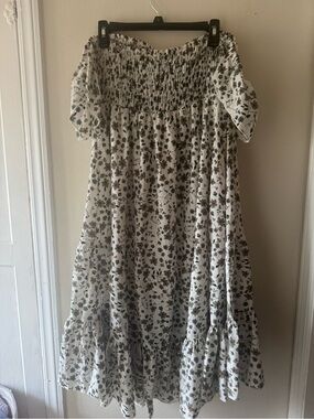 White Floral Off-Shoulder Maxi Dress with Smocked Bodice